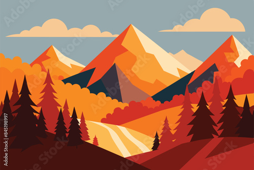 Beautiful autumn landscape. Beautiful landscape of mountains and autumn forest at dawn. The concept of travel  hiking  outdoor activities and adventure vector illustration