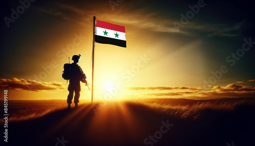 A soldier standing beside the Syria flag at sunset, symbolizing courage and dedication to the nation