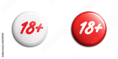 Vector illustration of 18+ buttons in red and white. Ideal for age restriction warnings and adult content indicators.