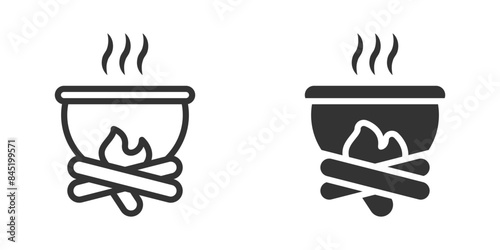 Vector illustration of a campfire pot icon in black and white. Perfect for camping, cooking, and outdoor adventure designs.