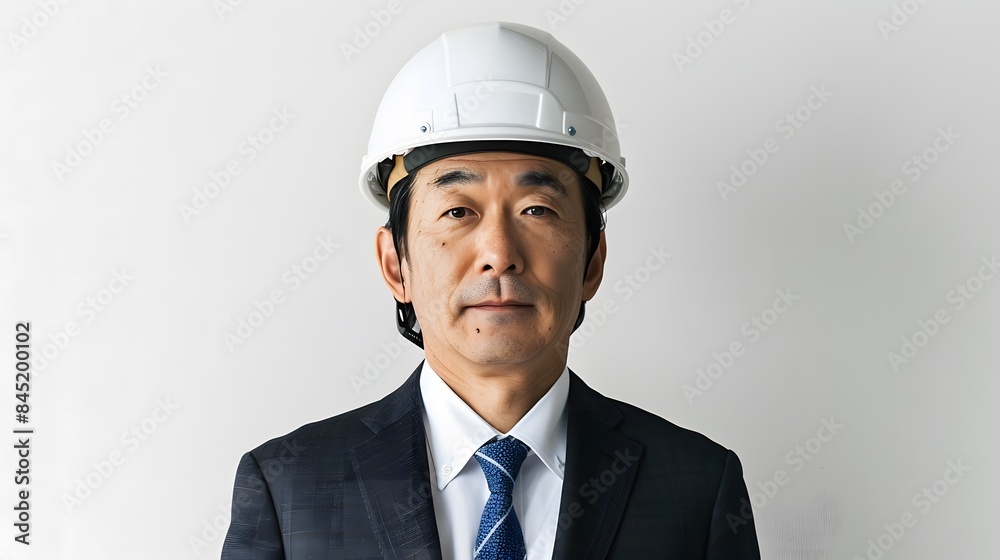 スーツを着て白いヘルメットをかぶった日本人の中年男性 スーツを着て白いヘルメットをかぶった日本人の中年男性