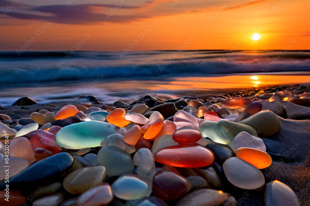 Obraz premium a-beach-composed-of-colorful-smooth-sea-glass-pebbles-the-sunset-light-will-cast-a-warm-glow