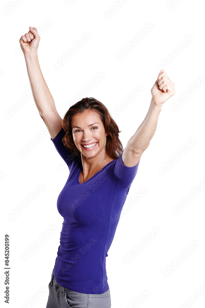 Achievement, excited and portrait of woman for winning or success in studio with smile and pride. Celebrate, female person and open arms for good news and review by white background for mockup space Achievement, excited and portrait of woman for winning or success in studio with smile and pride. Celebrate, female person and open arms for good news and review by white background for mockup space
