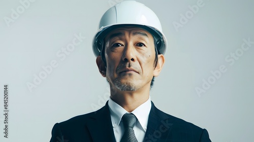 スーツを着て白いヘルメットをかぶった日本人の中年男性 © StudioFF