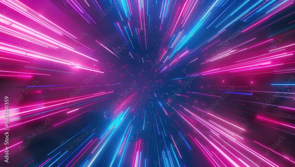 Vibrant neon light rays background, glowing blue and purple lines in space tunnel