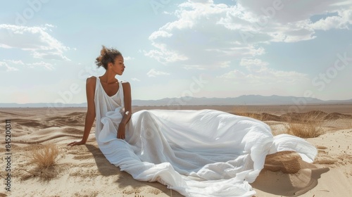 Sustainable fashion shoot in desert  model in white linen fabric, raising climate change awareness