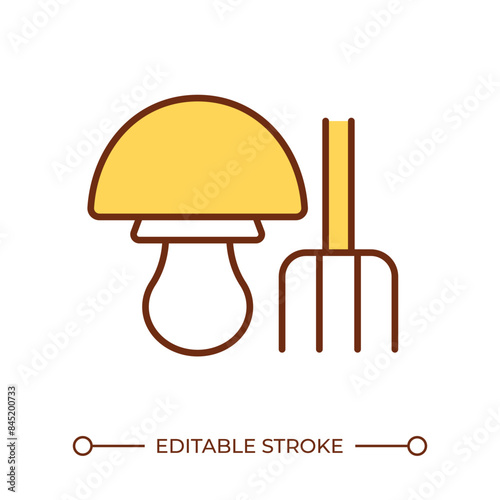 Mushroom cultivation RGB color icon. Fungi and garden fork. Cultivating tool. Mushroom farming. Agribusiness. Isolated vector illustration. Simple filled line drawing. Editable stroke