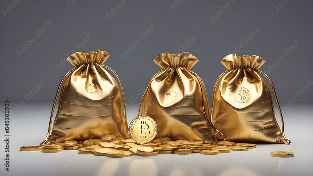 a set of golden coin bags against a clear backdrop. Artificial Intelligence