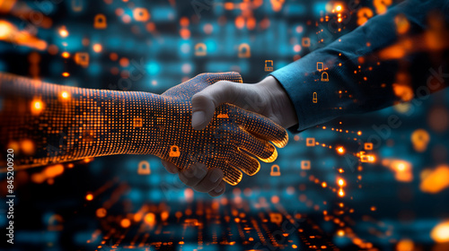 Virtual and human hands shaking with digital and orange light effects on a techno background. Concept of digital handshake and blockchain technology.  Generative AI photo