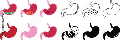 Set of Digestive system anatomy. Different colors Stomach gastric icons. Human internal organs symbols. Stomach oncology procedure signs flat styles editable stock isolated on transparent background.