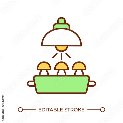 Indoor mushroom cultivation RGB color icon. Light for growth. Controlled environment. Fungiculture. Mushroom farming. Isolated vector illustration. Simple filled line drawing. Editable stroke