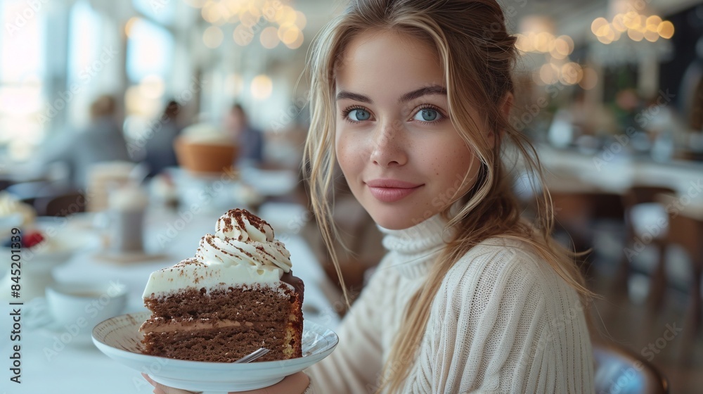 an elegant woman seated at a white table in a modern cafe, enjoying a slice of rich chocolate cake with a cup of cappuccino, her expression serene and satisfied, the scene meticulously captured in an elegant woman seated at a white table in a modern cafe, enjoying a slice of rich chocolate cake with a cup of cappuccino, her expression serene and satisfied, the scene meticulously captured in