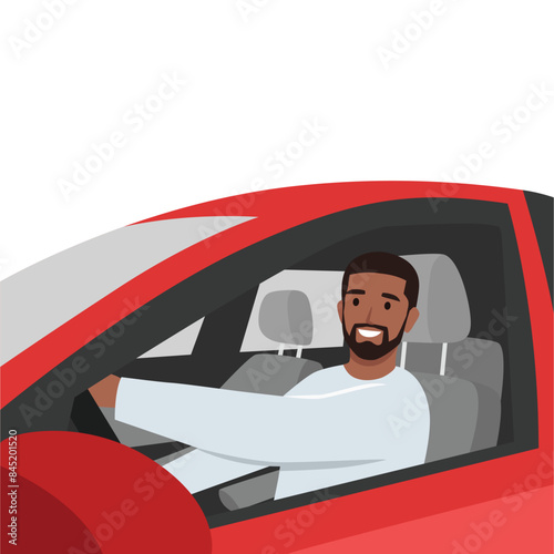 Young bearded man driving the red car side view profile. Looking at viewer. Flat vector illustration isolated on white background