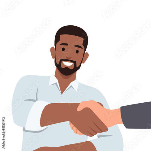 Two confident diverse business man shaking hands during a meeting in the office. Flat vector illustration isolated on white background