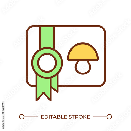 Mushroom products quality RGB color icon. Mushroom cultivation permit. Edible fungi license. Certificate of achievement. Isolated vector illustration. Simple filled line drawing. Editable stroke