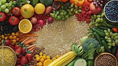A variety of fresh fruits and vegetables are arranged in a circle on a wooden table.