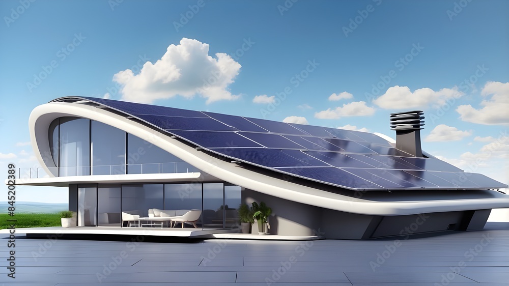 futuristic, generic, solar-powered smart house rooftop system with copyspace area and large banner for renewable energy concepts - Generative AI futuristic, generic, solar-powered smart house rooftop system with copyspace area and large banner for renewable energy concepts - Generative AI
