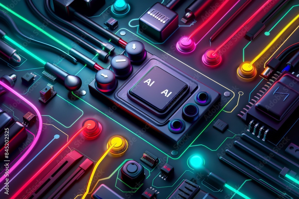 AI brain as light bulb with circuits, high tech illustration of artificial intelligence, vibrant colors, futuristic design, creative concept AI brain as light bulb with circuits, high tech illustration of artificial intelligence, vibrant colors, futuristic design, creative concept