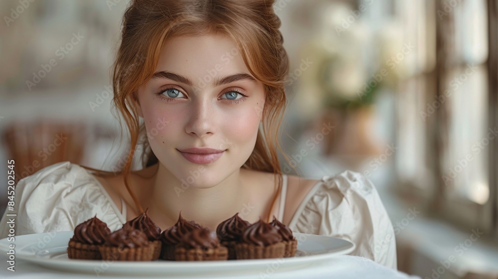 indulge in a luxurious setting with a young woman seated at a pristine white table, elegantly enjoying a decadent chocolate dessert, the white background ensuring focus on her contented expression indulge in a luxurious setting with a young woman seated at a pristine white table, elegantly enjoying a decadent chocolate dessert, the white background ensuring focus on her contented expression