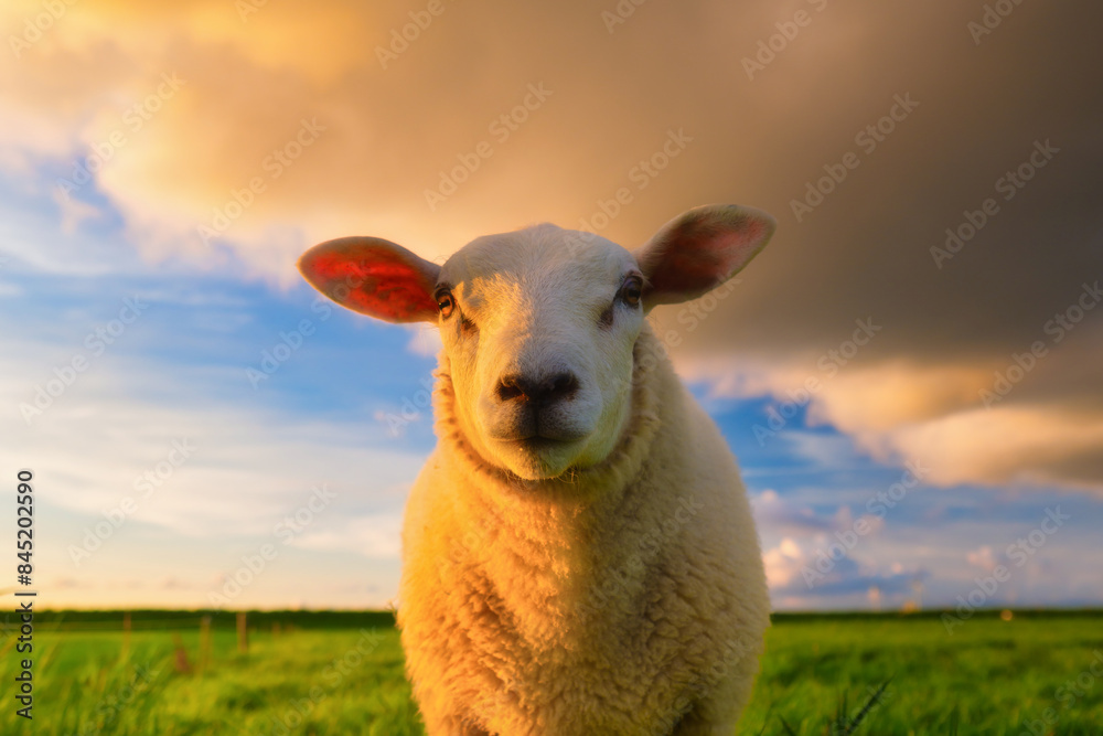 Obraz premium Sheep in a meadow during a bright sunset. Agriculture. Animals on the farm. Food production. Natural landscape. Wallpaper and background.