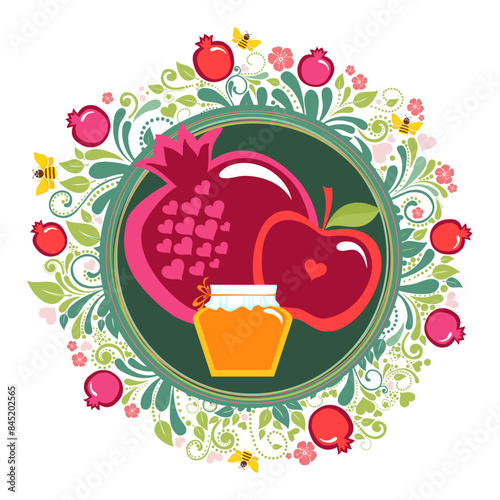 Rosh hashanah (jewish New Year holiday) concept. Traditional symbols. Template for postcard or invitation card, poster, banner. Horizont banner. Greeting, invitation card or flyer. Vector illustration