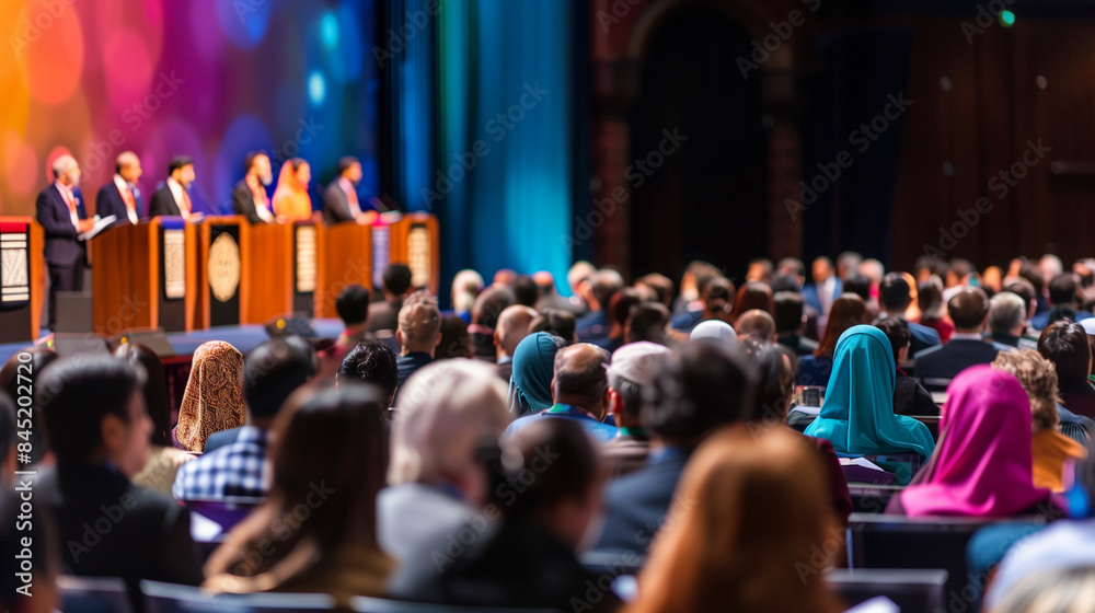 a of an interfaith conference panel, with speakers from various religions sharing their perspectives on stage, while the audience listens intently, Interreligious, P a of an interfaith conference panel, with speakers from various religions sharing their perspectives on stage, while the audience listens intently, Interreligious, P