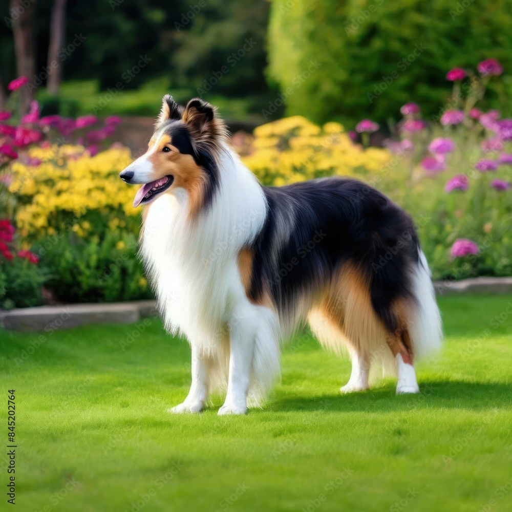 A gorgeous Collie standing in a bright garden is an image created by artificial intelligence A gorgeous Collie standing in a bright garden is an image created by artificial intelligence