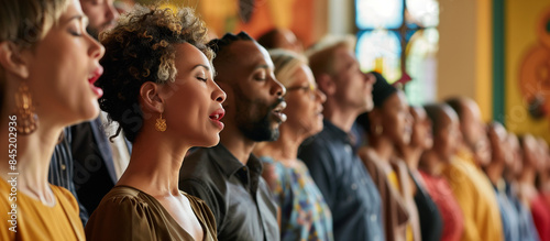 a  of a diverse choir singing at a spiritual gathering, with people from different faiths and cultures joining in harmony, Inclusive Communities, spiritual communitie photo