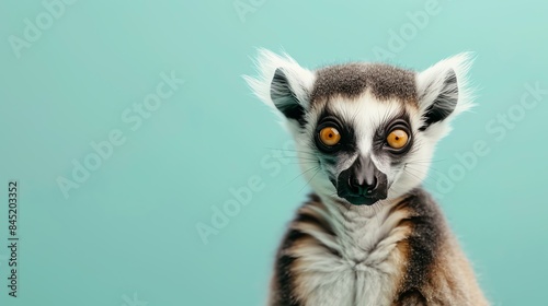 A cute and curious lemur stares at the camera with its big  round eyes.