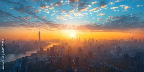 Sunrise and sunset over city skyline symbolize investment return cycle. Concept Investment Returns, Financial Cycles, City Skylines, Sunrise and Sunset, Symbolic Imagery