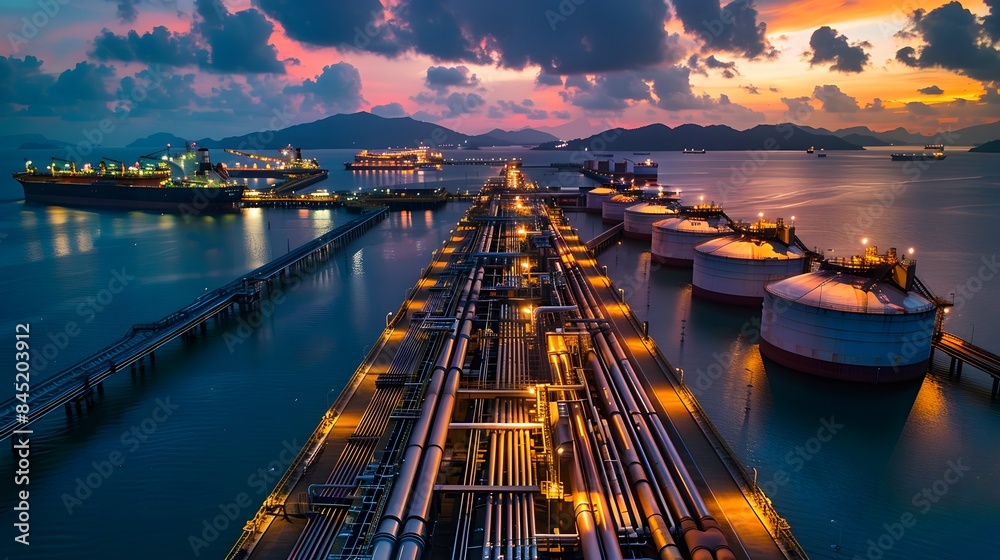 An industrial port with pipelines connecting to storage tanks and ships, showcasing the integration of pipelines in global transport logistics An industrial port with pipelines connecting to storage tanks and ships, showcasing the integration of pipelines in global transport logistics