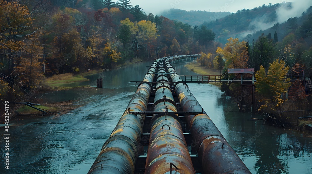 Industrial pipelines crossing a bridge over a river, emphasizing the engineering feats involved in pipeline transport Industrial pipelines crossing a bridge over a river, emphasizing the engineering feats involved in pipeline transport