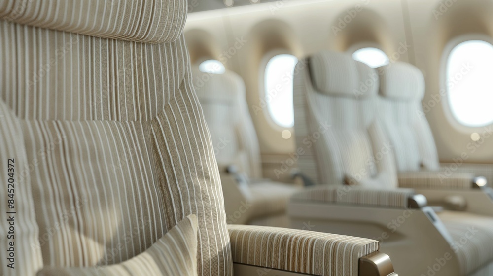 Fototapeta premium Row of beige seats in an airplane cabin illuminated by soft natural light.