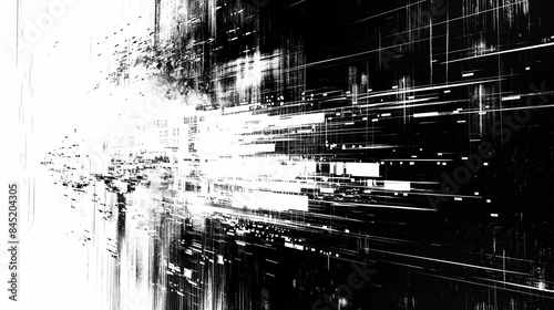 Abstract black and white glitch effect with digital distortion lines.