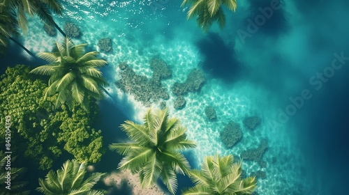 Aerial view of tropical beach with clear blue water and lush green palm trees. © DenisNata