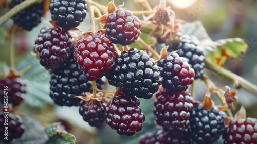 On a branch are blackberries arranged in a bunch. Generative AI.
