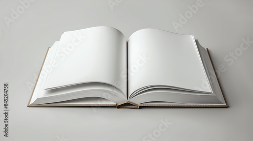 An open book with blank pages. The book has a brown cover and is sitting on a white table. The background is a light gray.