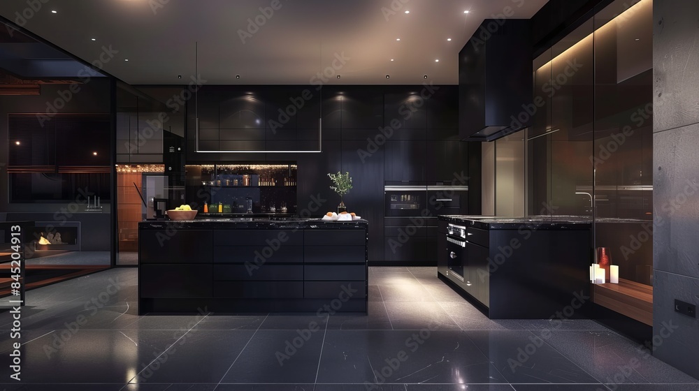A sleek and modern kitchen in dark black, exuding industrial edge and sophisticated style. A sleek and modern kitchen in dark black, exuding industrial edge and sophisticated style.