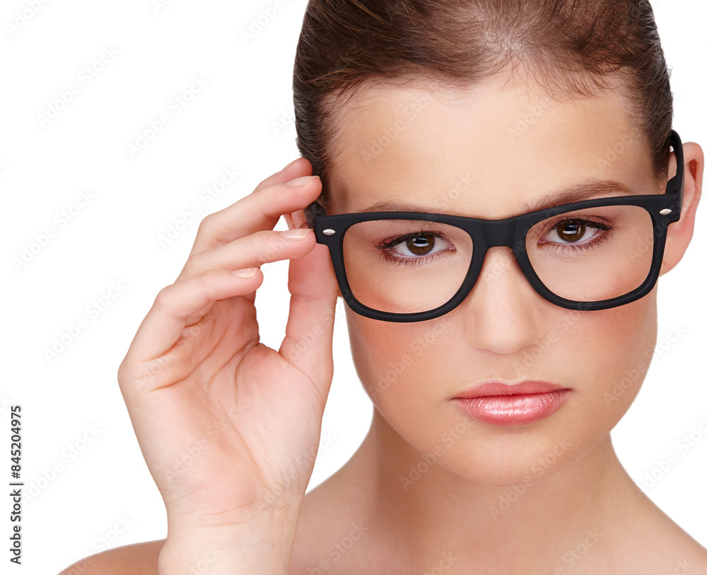 Woman, spectacles and portrait with glasses for eyewear, trendy optometry vision or optician prescription lens. Young female person and serious with fashionable frame or sight on white background. Woman, spectacles and portrait with glasses for eyewear, trendy optometry vision or optician prescription lens. Young female person and serious with fashionable frame or sight on white background.