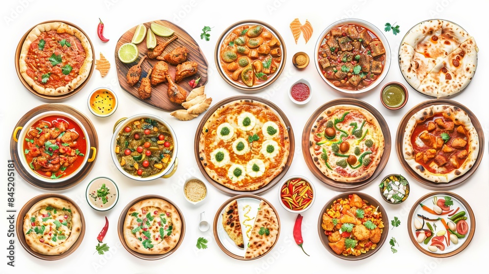 A top view of a set of Desi, Indian traditional foods, including pizza, hummus, biryani, chicken curry, momos, tikka, korma, and samosas. This food collection set is isolated on a white background. A top view of a set of Desi, Indian traditional foods, including pizza, hummus, biryani, chicken curry, momos, tikka, korma, and samosas. This food collection set is isolated on a white background.