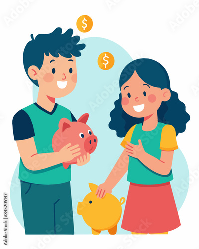 Two siblings set up a savings challenge to see who can save the most money in a given time period making it a fun and competitive way to learn about budgeting.. Vector illustration
