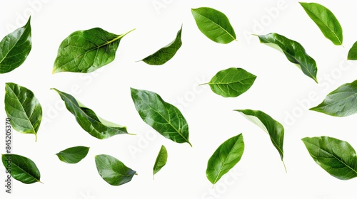 Flying green leaves isolated on a white background.