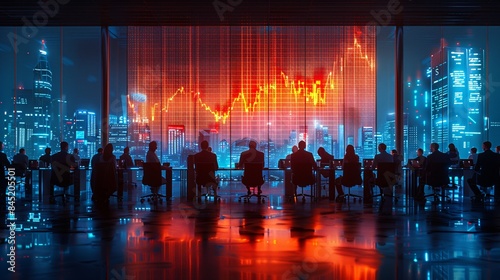 An executive financial meeting with a planner presenting a comprehensive financial report to a team of business professionals in a white conference room. The image is detailed with realistic figures,