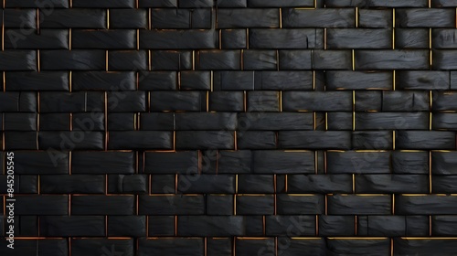 Seamless dark black grungy carbon fiber basket weave background texture. Tileable abstract charcoal grey minimalist backdrop with copy space. 8k widescreen simple wallpaper pattern 3D rendering. Gener