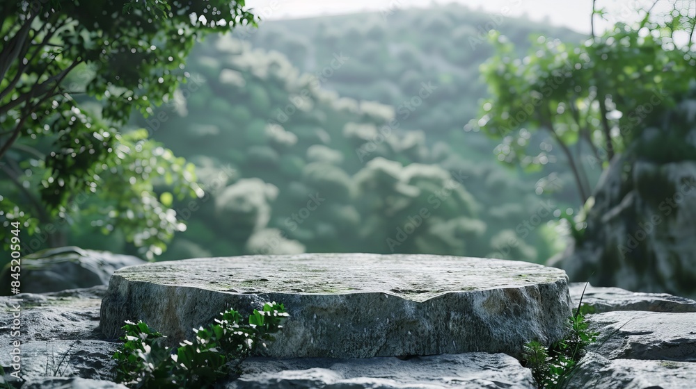 A 3D illustration of a stone podium on a rock platform, serving as a grey rock pedestal for product display. The backdrop features a green forest and a blurred natural landscape.
