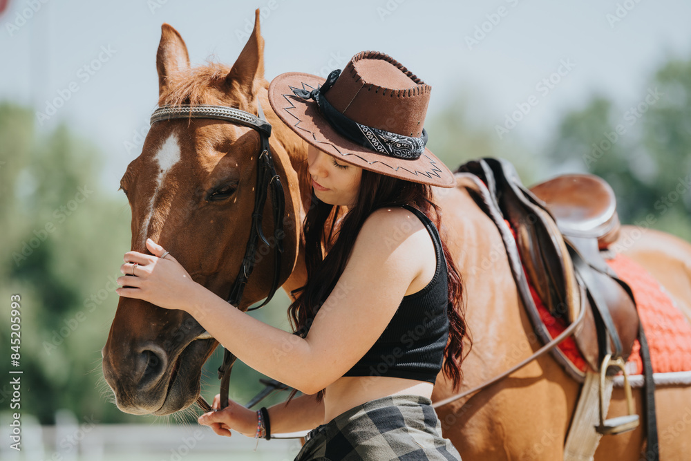 Young woman wearing a cowboy hat gently embraces a horse. The scene exudes warmth, affection, and a strong bond between human and animal. Young woman wearing a cowboy hat gently embraces a horse. The scene exudes warmth, affection, and a strong bond between human and animal.