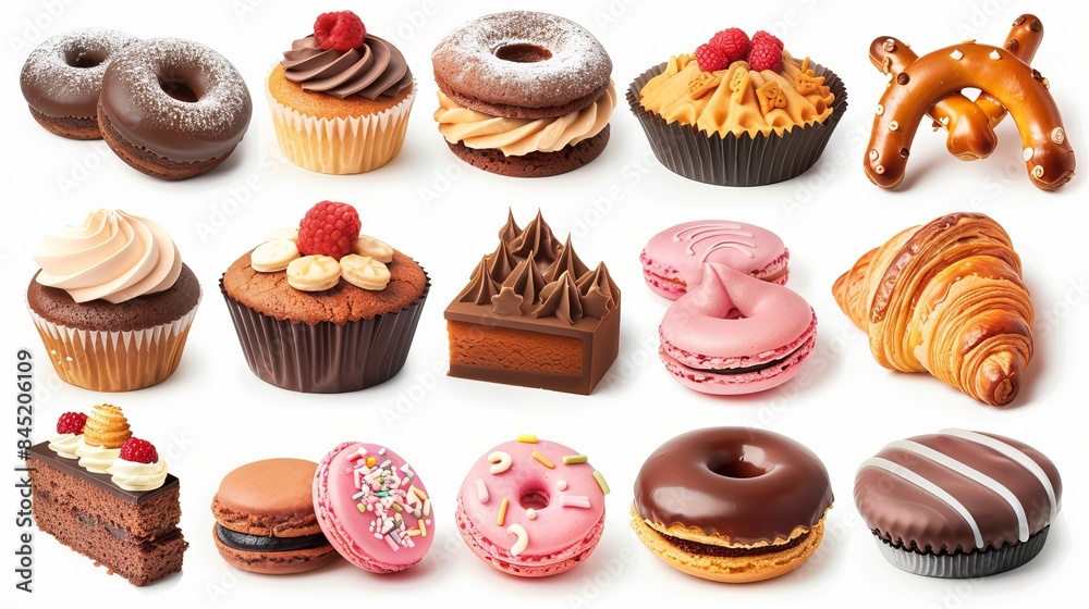 A collection of various sweets and desserts including chocolate cake, cupcakes, red velvet cake, apple pie, macarons, pretzels, donuts, pastries, muffins, cookies, and croissants.