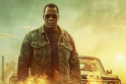 An action hero in black glasses and a denim jacket against the background of a car and explosions. Brutal man in action movie poster style.