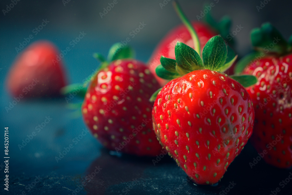 several red fresh delicious strawberries on blue background