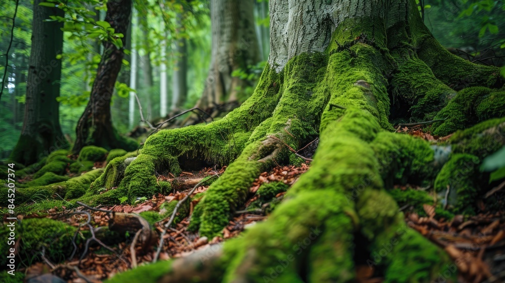 Close up of moss covered roots and bark of a hornbeam tree in the forest Close up of moss covered roots and bark of a hornbeam tree in the forest